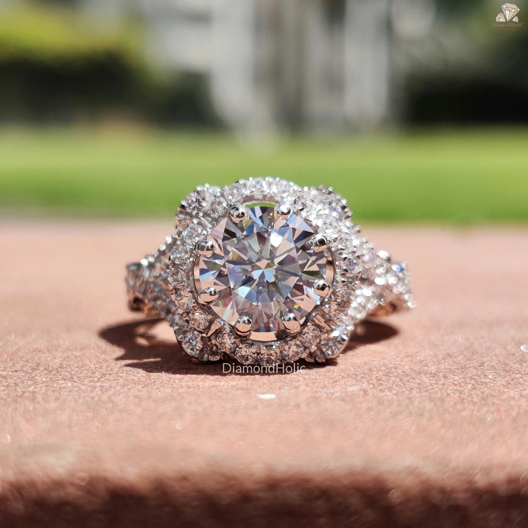 Halo Engagement Moissanite | Romantic Pave Detail | Round Stone Ring