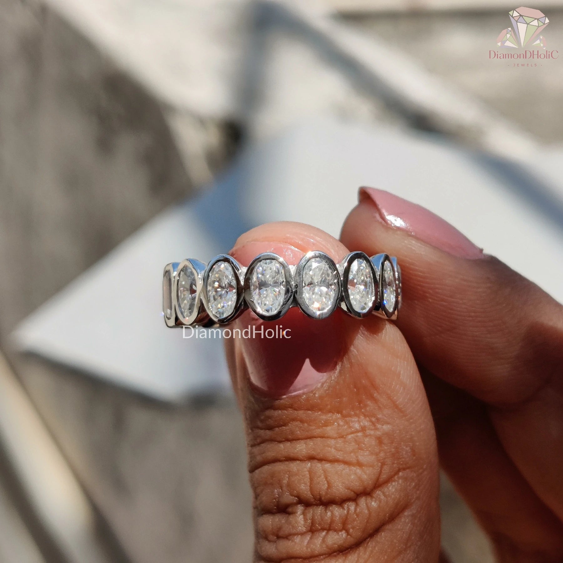 Bezel Wedding Band – Oval + Emerald Cut Moissanite Stones