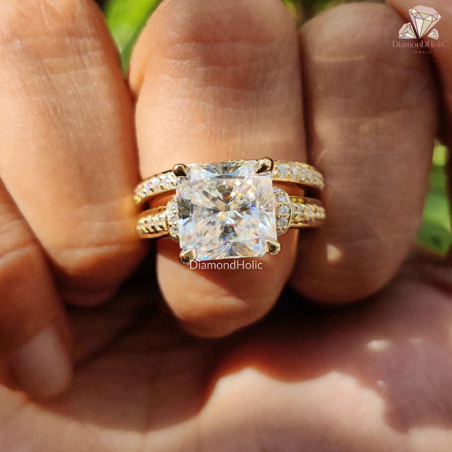 Wedding Band Set | Moissanite Radiant Ring | Engagement for Her