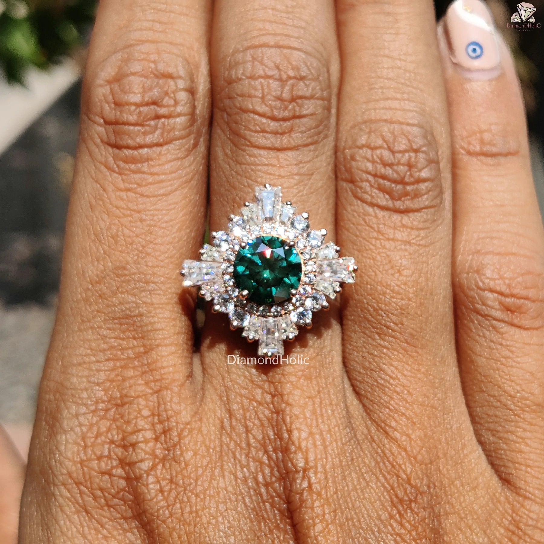 Green Moissanite Halo Ring | Rose Gold Cluster Band | Celebrity Style Ring