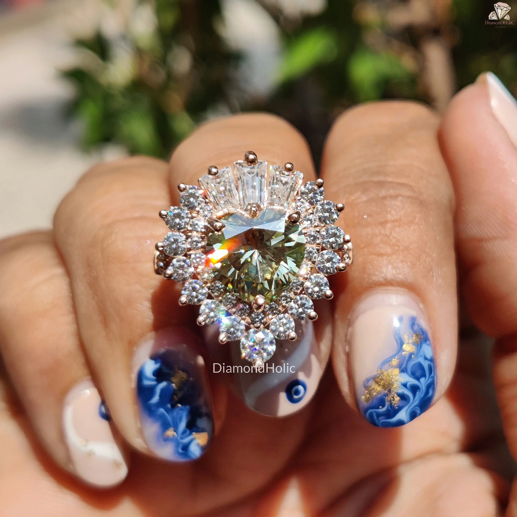 Heart Shaped Moissanite | Green Starburst Halo | Romantic Ring Gift