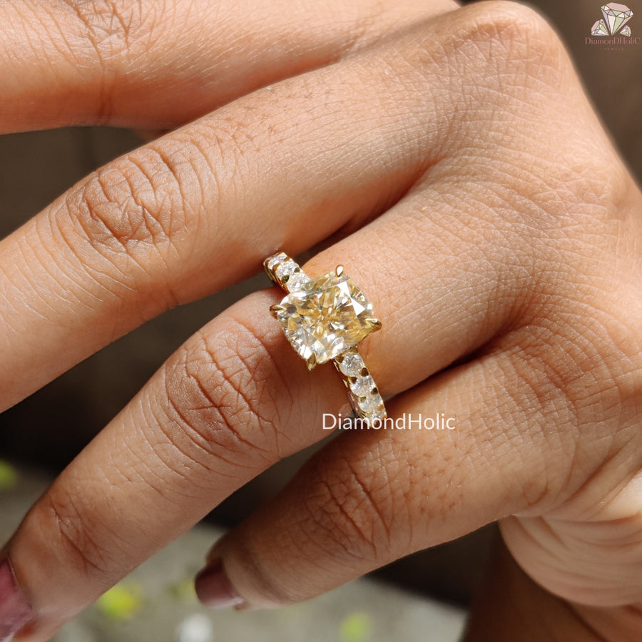 Diamond Holic Cushion Cut Moissanite Wedding Ring with sparkling stones on hand