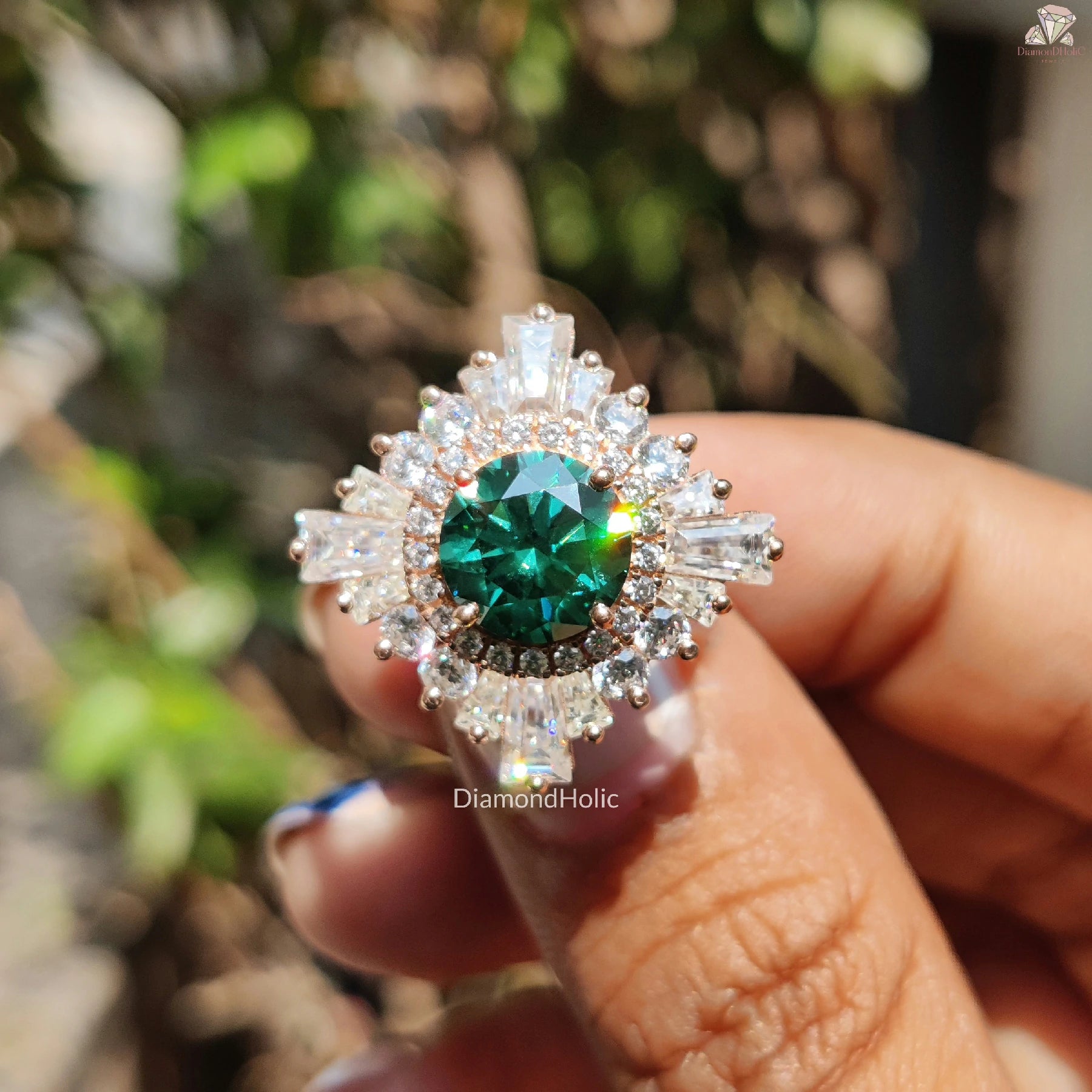 Starburst Engagement Band | Sparkling Green Stone | Wedding Ring for Her