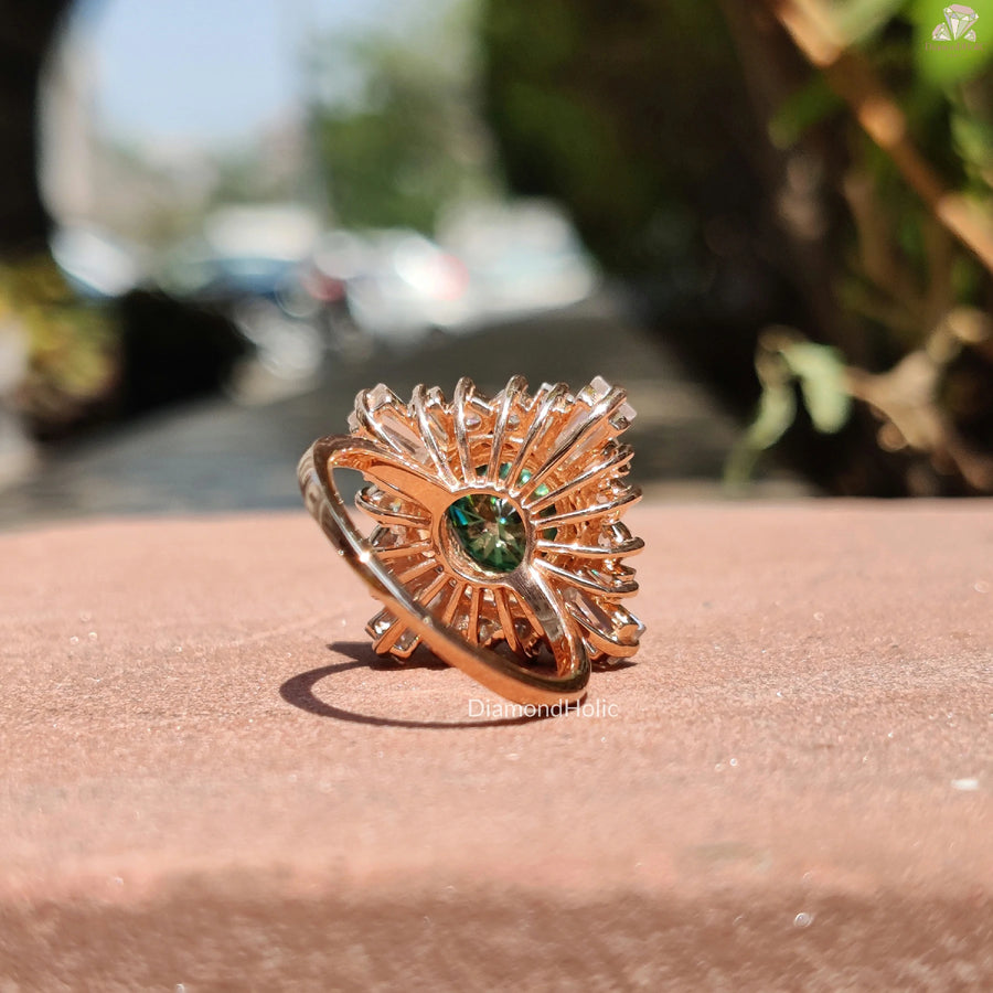 Rose Gold Bridal Jewelry | Green Stone Ring | Halo Cluster Engagement