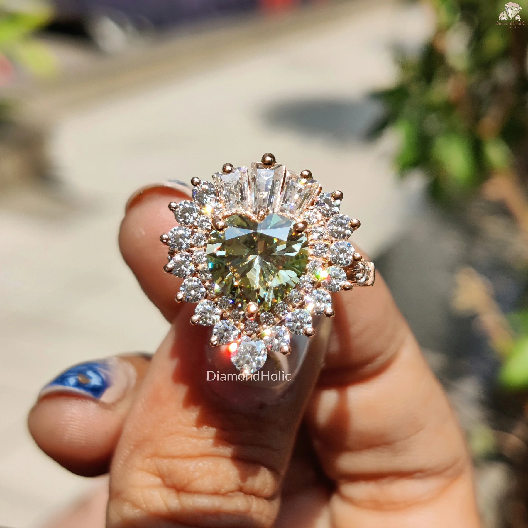 Light Green Engagement Ring | Milgrain Halo Design | For Her Love