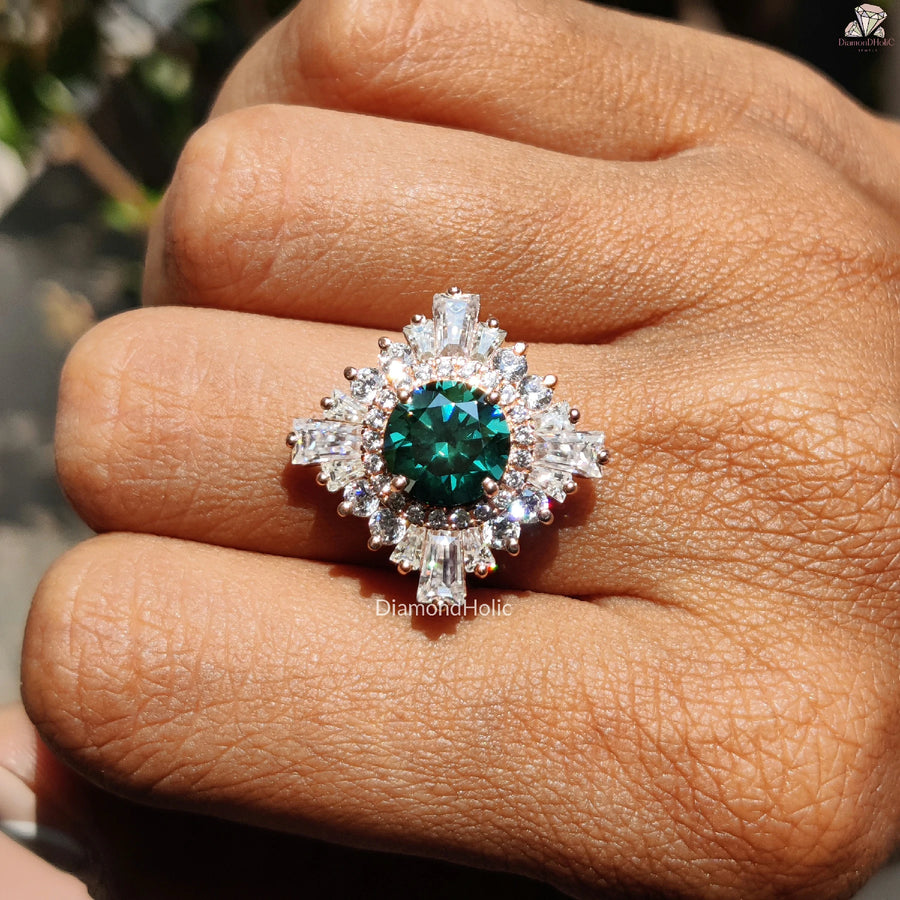 Green Gemstone Proposal Ring | Elegant Starburst Design | Gold Moissanite