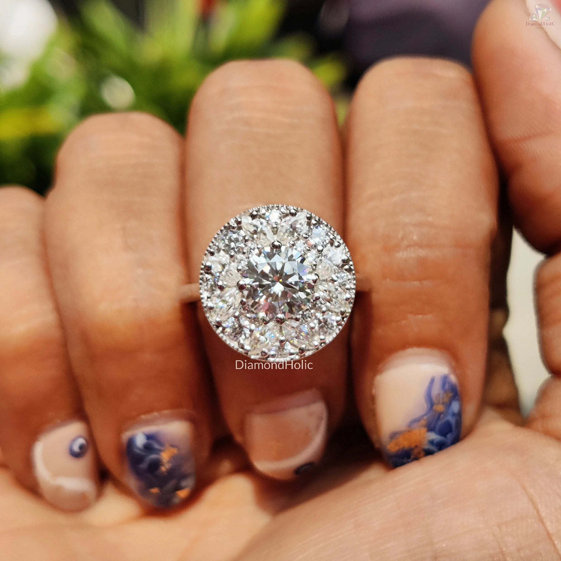 Round Cut Moissanite Ring | Cluster Engagement Design | Sparkling Gift