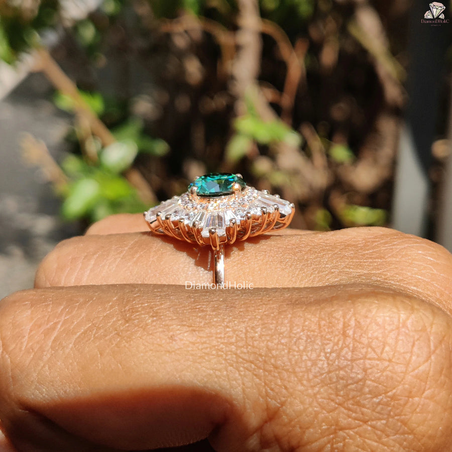 Vintage Halo Cluster Ring | Rose Gold Engagement | Green Moissanite