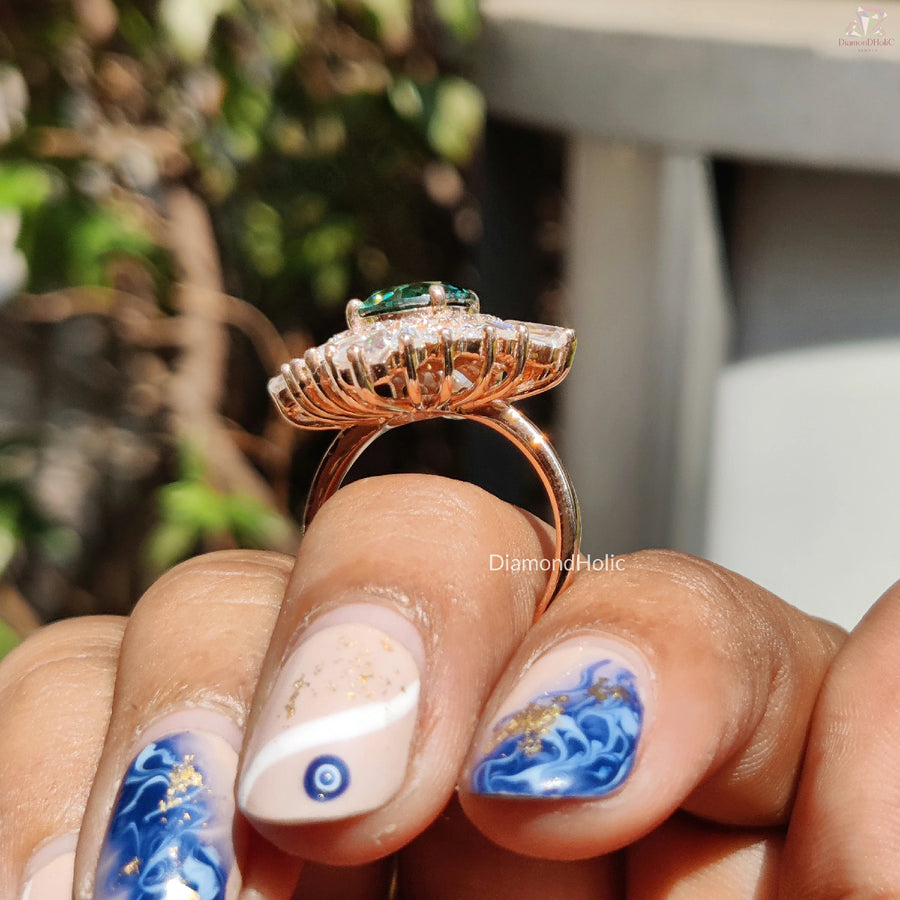 Dainty Green Gem Ring | Moissanite Halo Band | Custom Anniversary Ring
