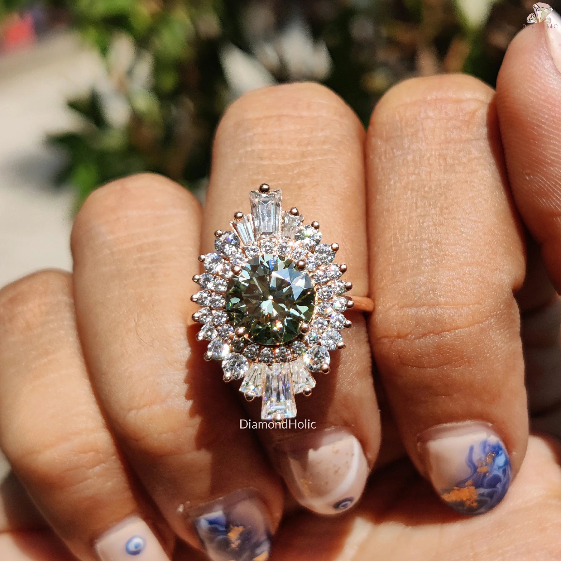 Art Deco Engagement Ring | Starburst Halo Moissanite | Green Round Cut Ring