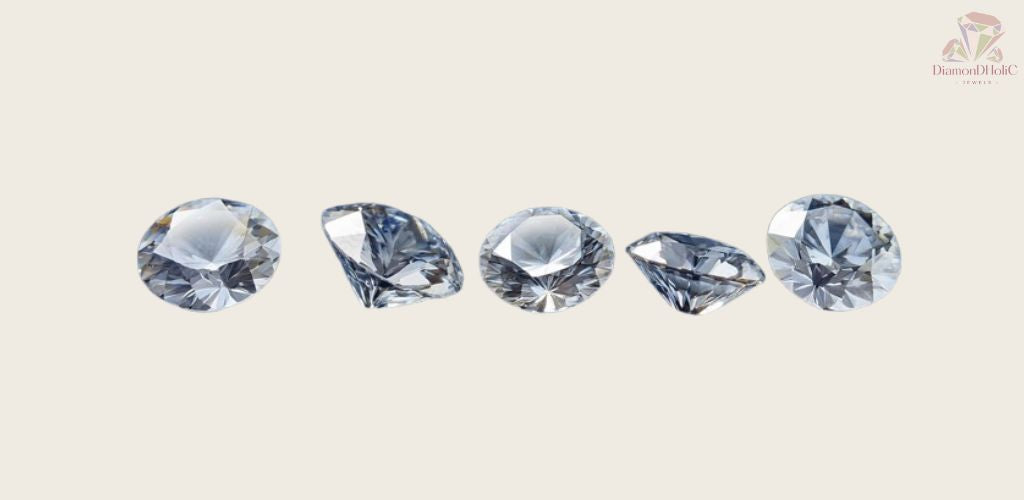 Five round brilliant-cut lab-grown diamonds displayed from different angles