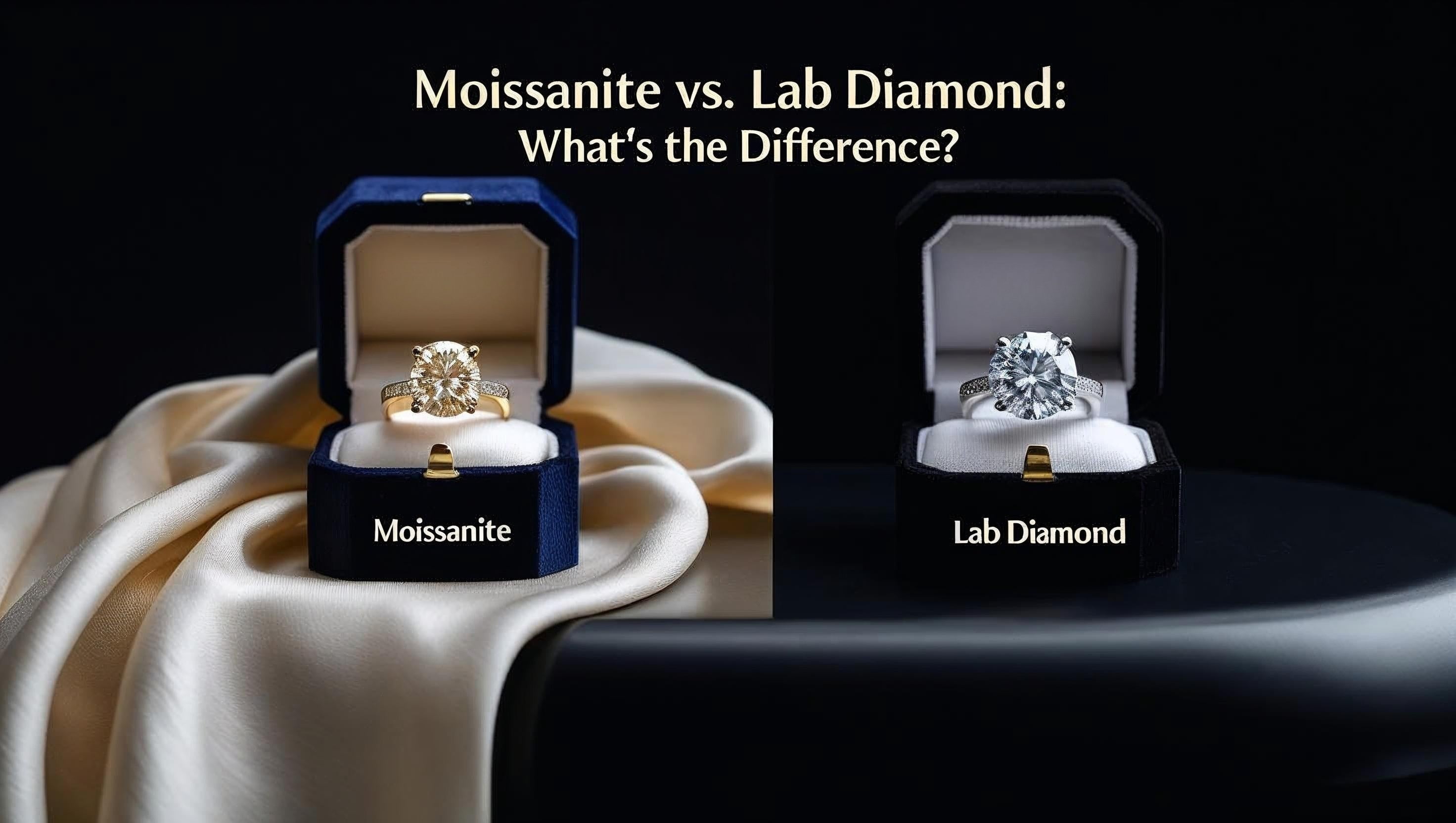 Moissanite vs lab diamond ring side-by-side