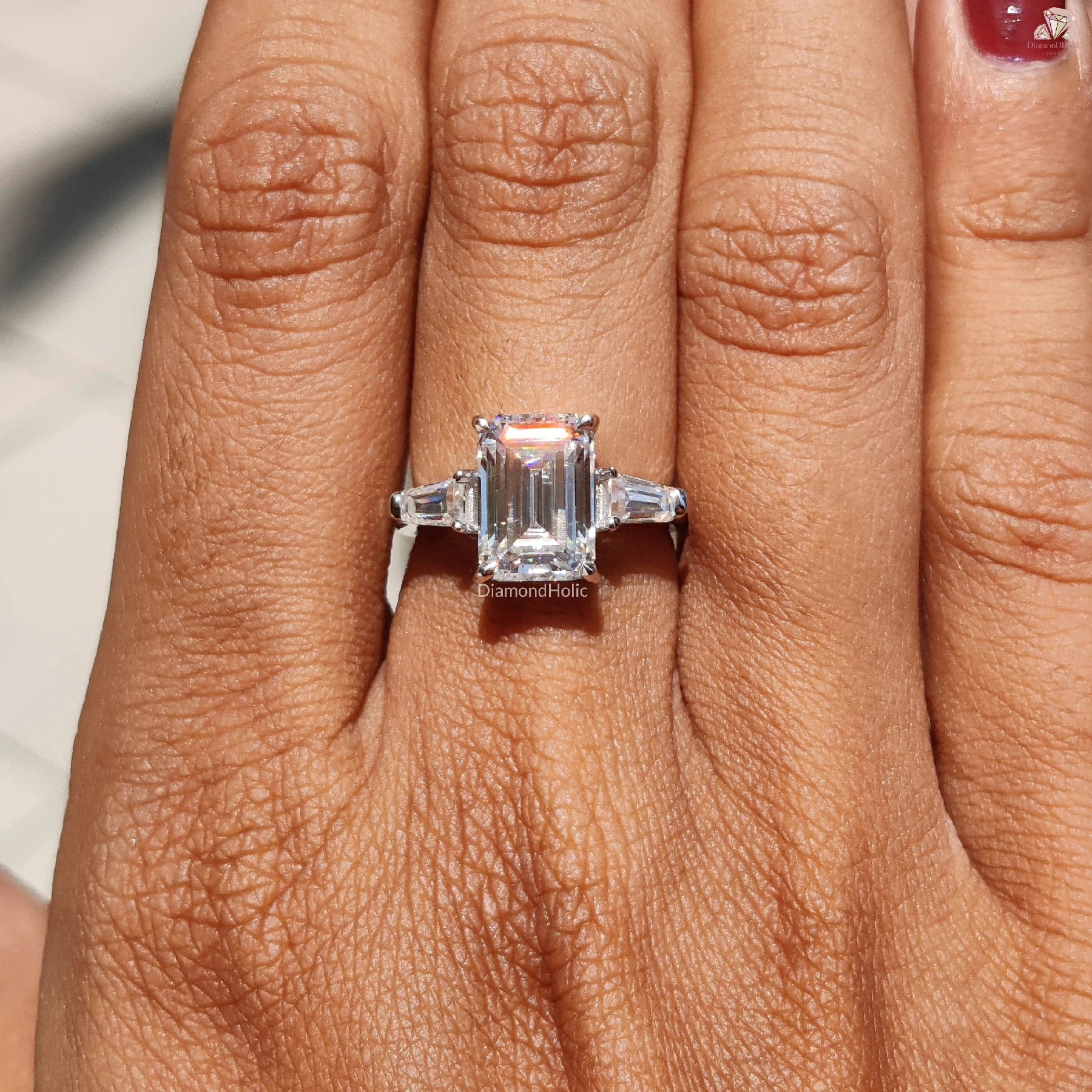 Bridal Engagement Ring Gift | Moissanite Three-Stone Style | Emerald Centerpiece

