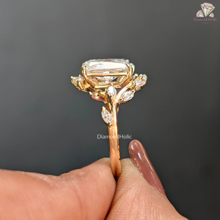 marquise side stone ring | radiant solitaire band | moissanite leaf setting
