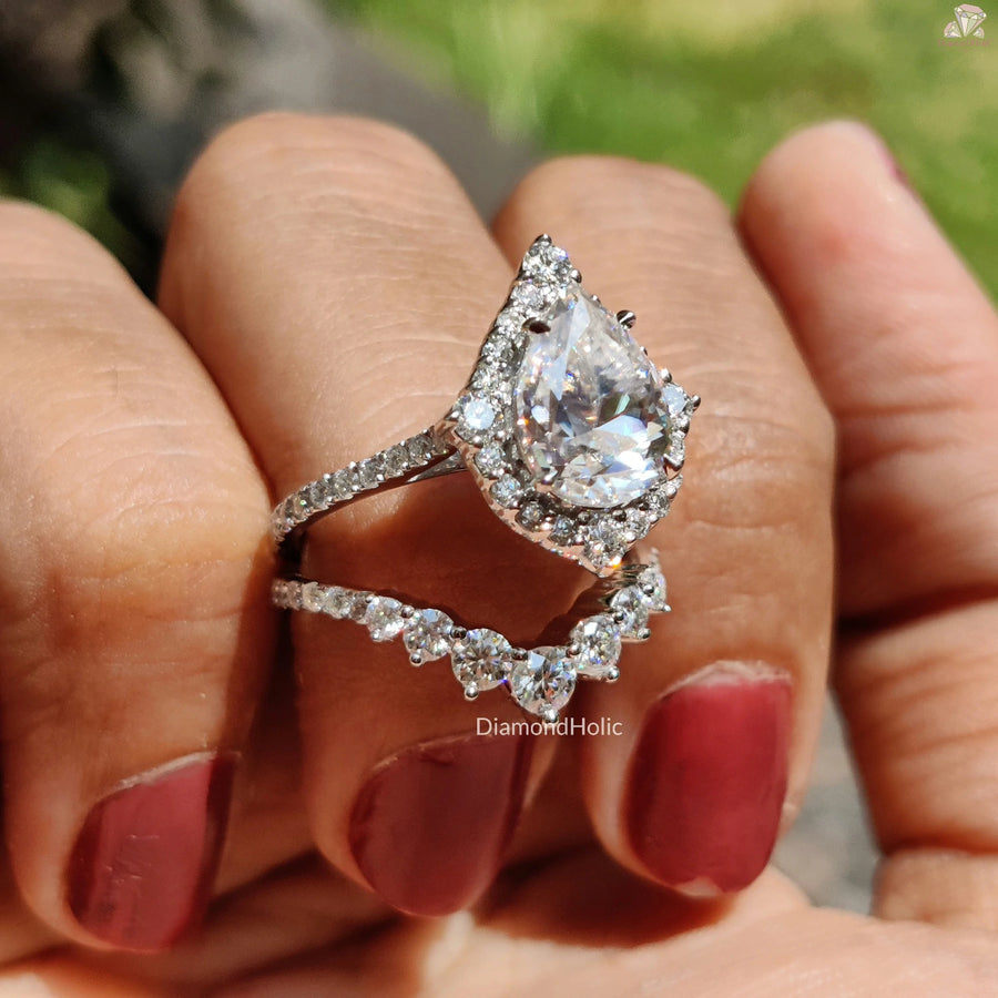 Dainty Pear Bridal Rings | Moissanite Diamond Look | Wedding Band

