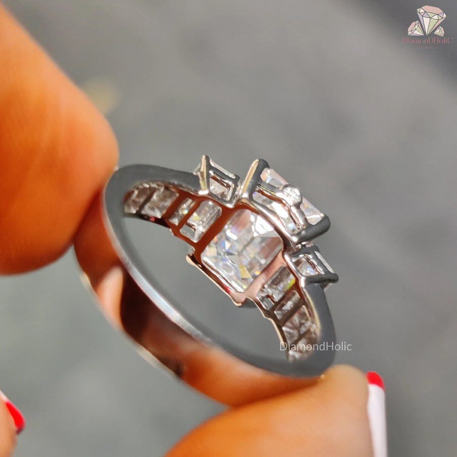 Emerald Cut Moissanite Three Stone Baguette Side Stones with Channel Set  Engagement Ring