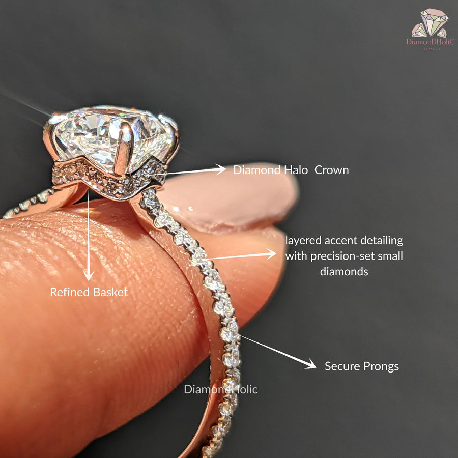 Cushion Cut Lab Grown Diamond Hidden Halo Engagement Ring