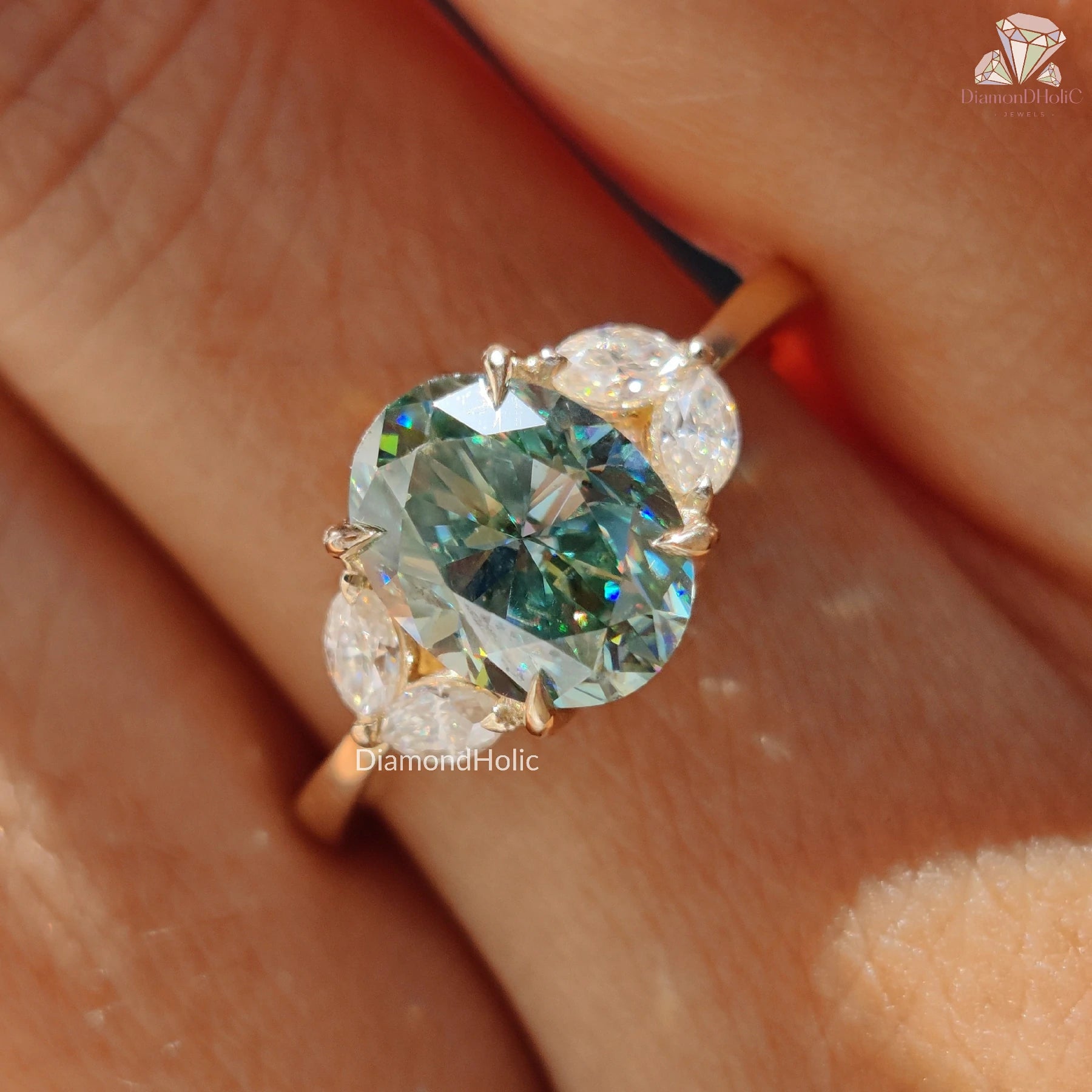 green moissanite ring | oval moissanite ring | 3 stone engagement ring

