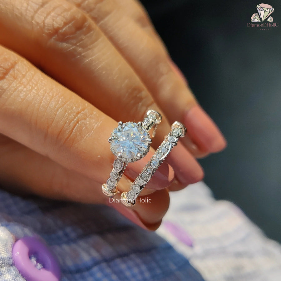  Modern Vintage Inspired Bridal Set | Radiant Round Cut Moissanite Band | Unique Round Cut Wedding Jewelry