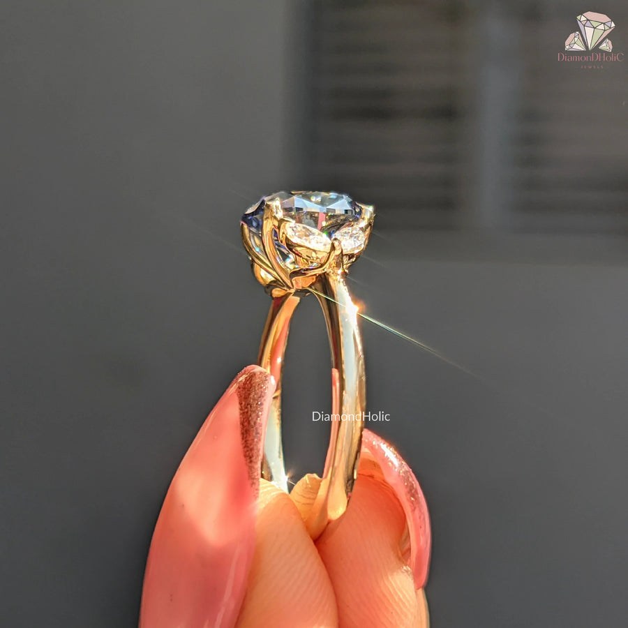 Royal Blue Oval Cut Moissanite Five Stone-Vintage Engagement Ring