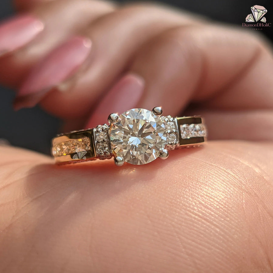 Round Cut Lab Grown Diamond Channel Setting Pave Engagement Ring