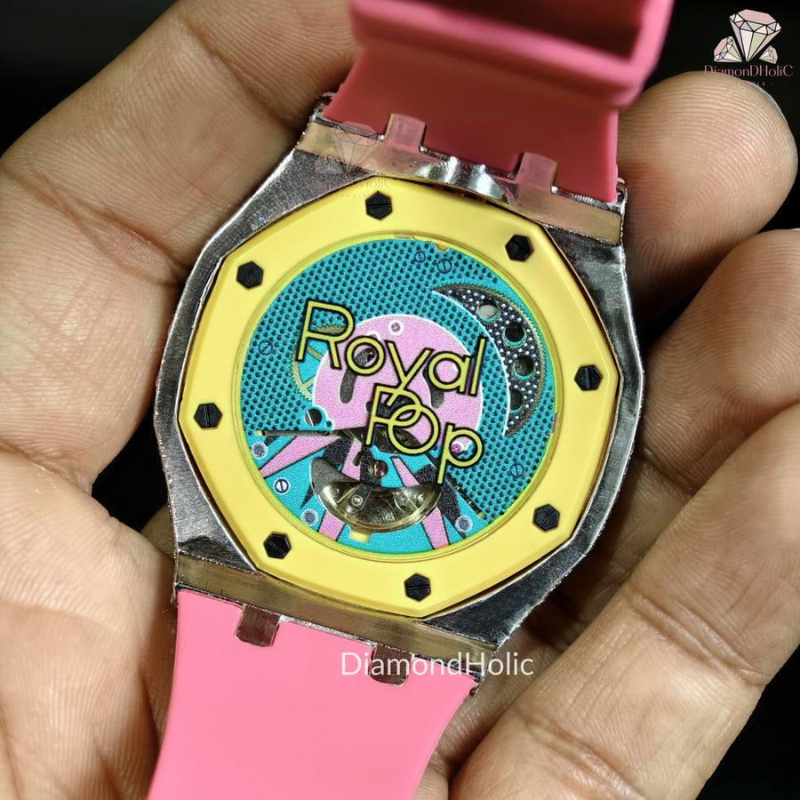Men’s Iced Out Moissanite Watch Round Face with Two-Men’s Diamond Iced-Out Luxury Watch, Turquoise Textured Dial, Yellow Bezel, Pink Rubber Strap, Custom Hip Hop Statement WatchSteel Design