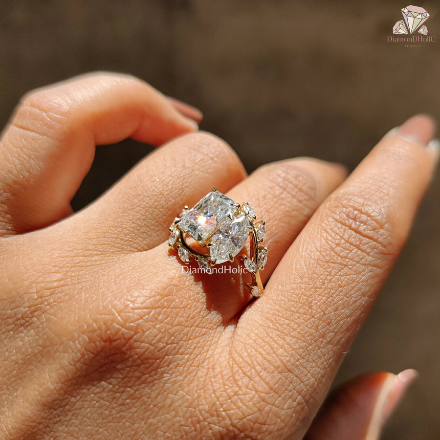 gold 3 stone diamond ring | radiant and marquise cut | gold nature band
