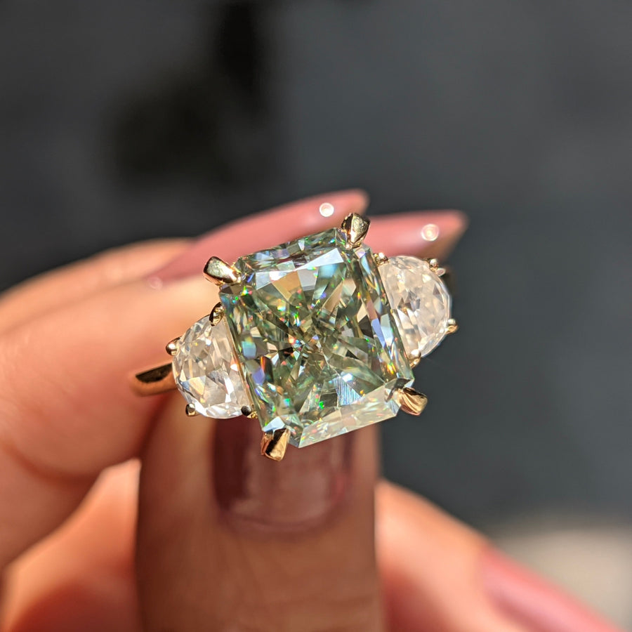 Light Green Moissanite Three Stone Engagement Ring with Half Moon Moissanite Side Stones