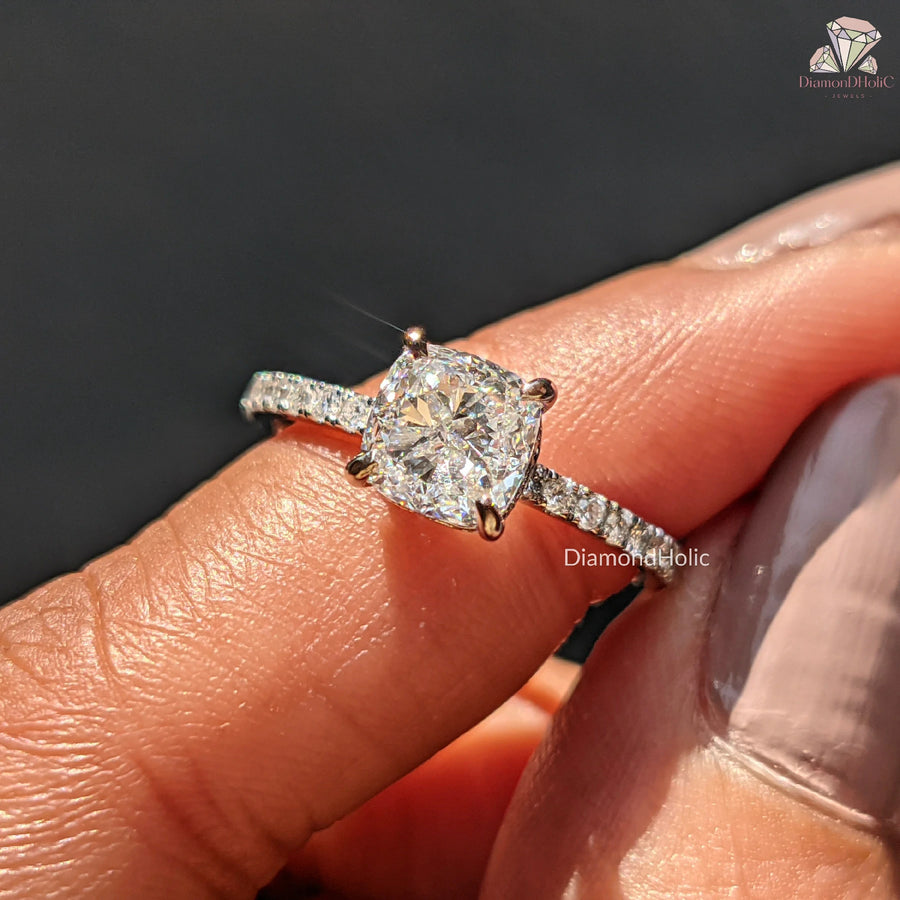 Cushion Cut Lab Grown Diamond Hidden Halo Engagement Ring