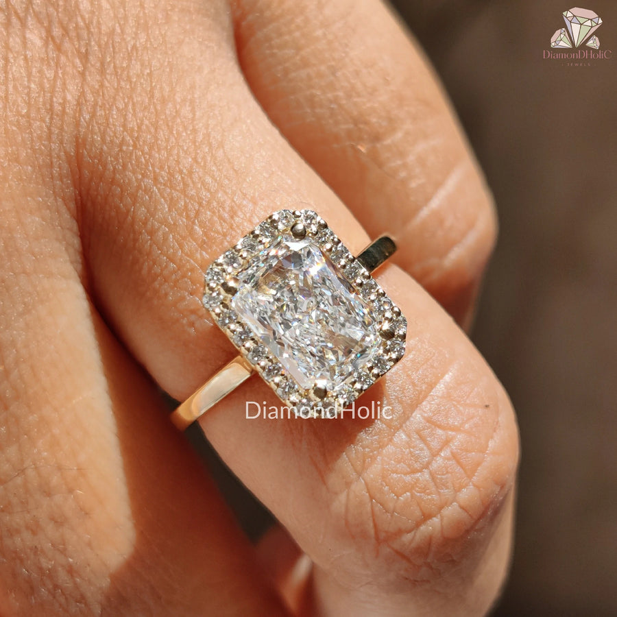 lab grown radiant diamond | radiant cut halo ring | white gold bridal set
