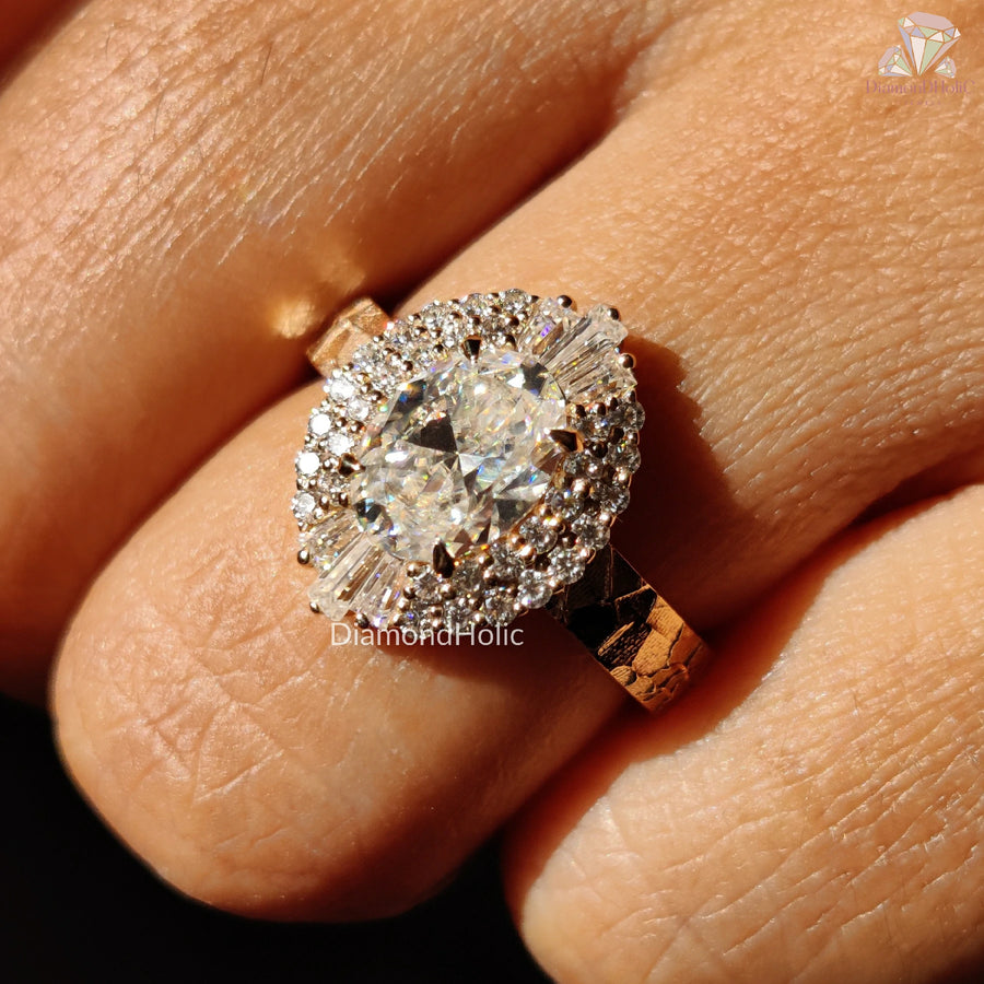 Unique Hammered Shank Engagement Ring | Radiant Double Halo Wedding Band | Stylish Oval Cut Jewelry Gift 