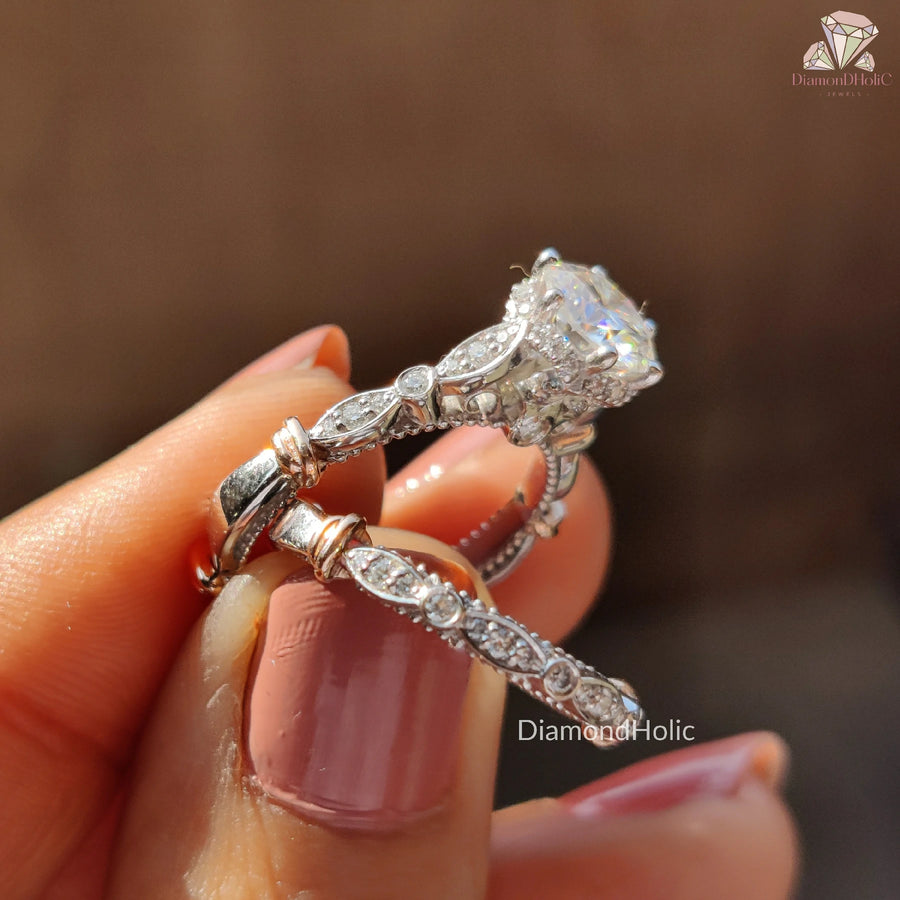Beautiful Vintage Inspired Band | Affordable Moissanite Wedding Set | Timeless Round Cut Diamond Band