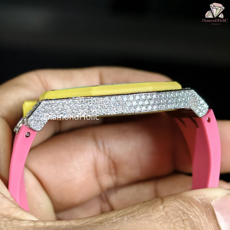 Men’s Iced Out Moissanite Watch Round Face with Two-Men’s Diamond Iced-Out Luxury Watch, Turquoise Textured Dial, Yellow Bezel, Pink Rubber Strap, Custom Hip Hop Statement WatchSteel Design