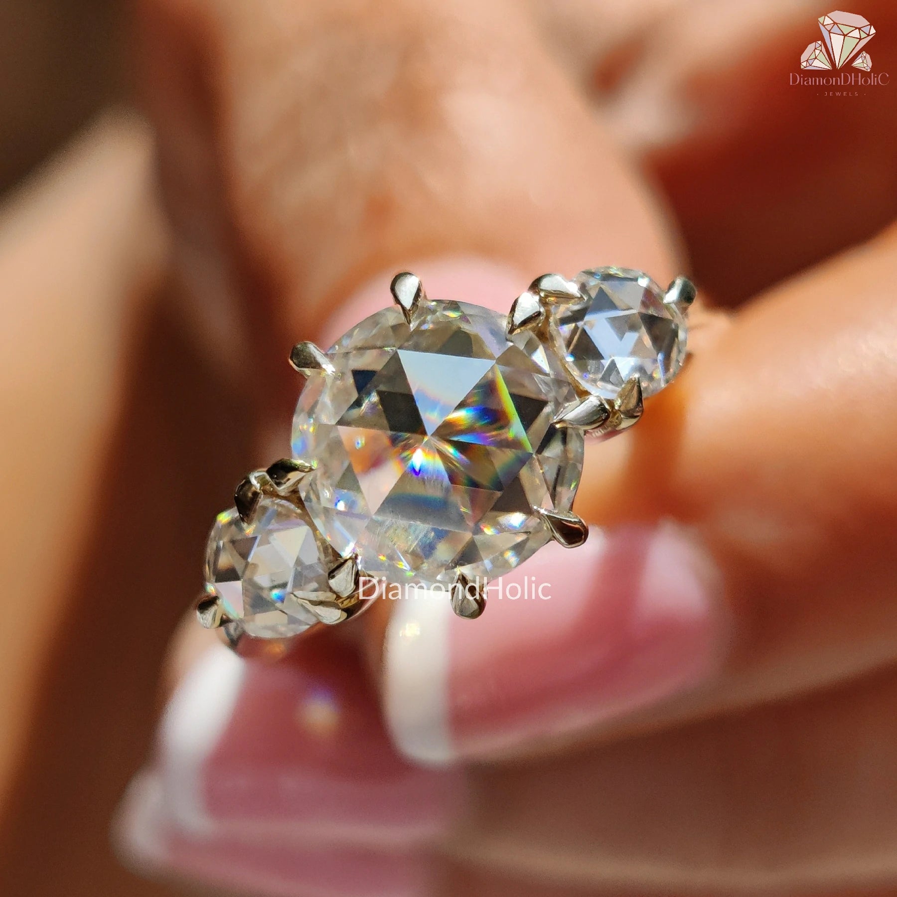 three stone bridal ring | moissanite diamond trio ring | ethical engagement ring
