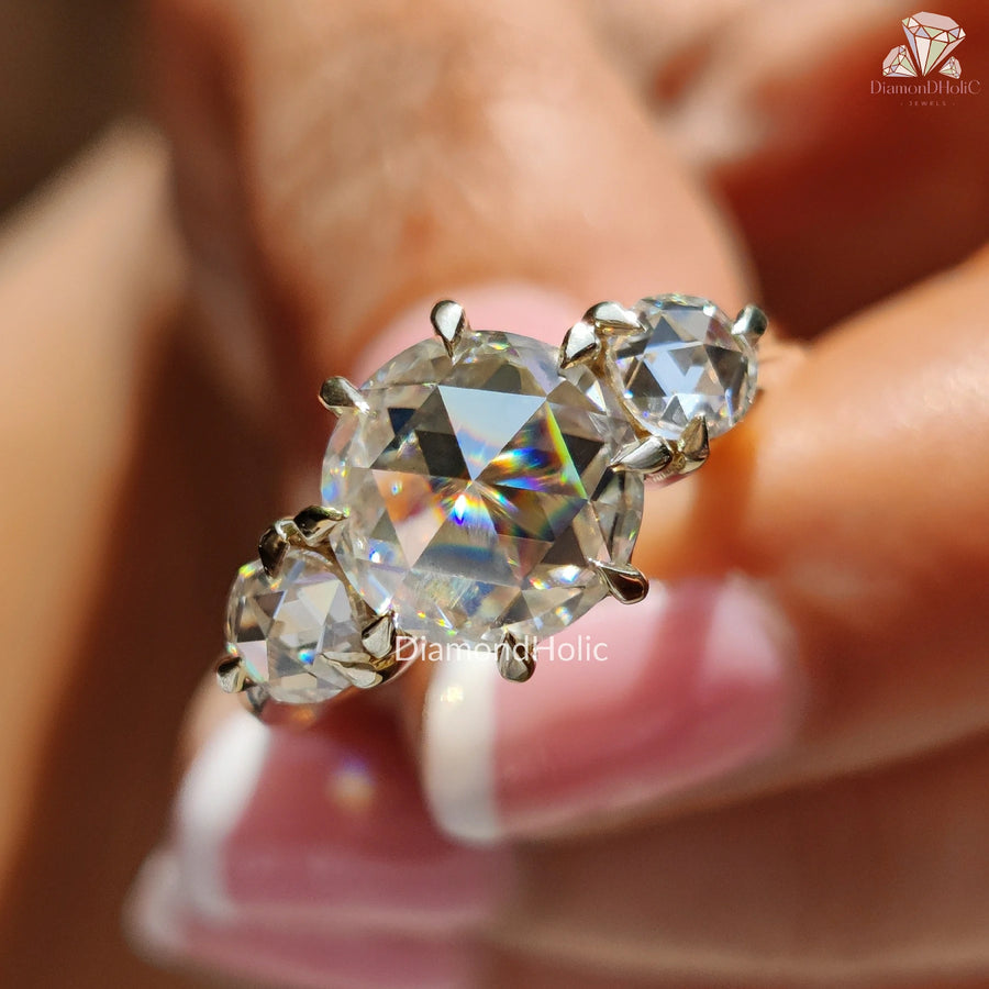 three stone bridal ring | moissanite diamond trio ring | ethical engagement ring
