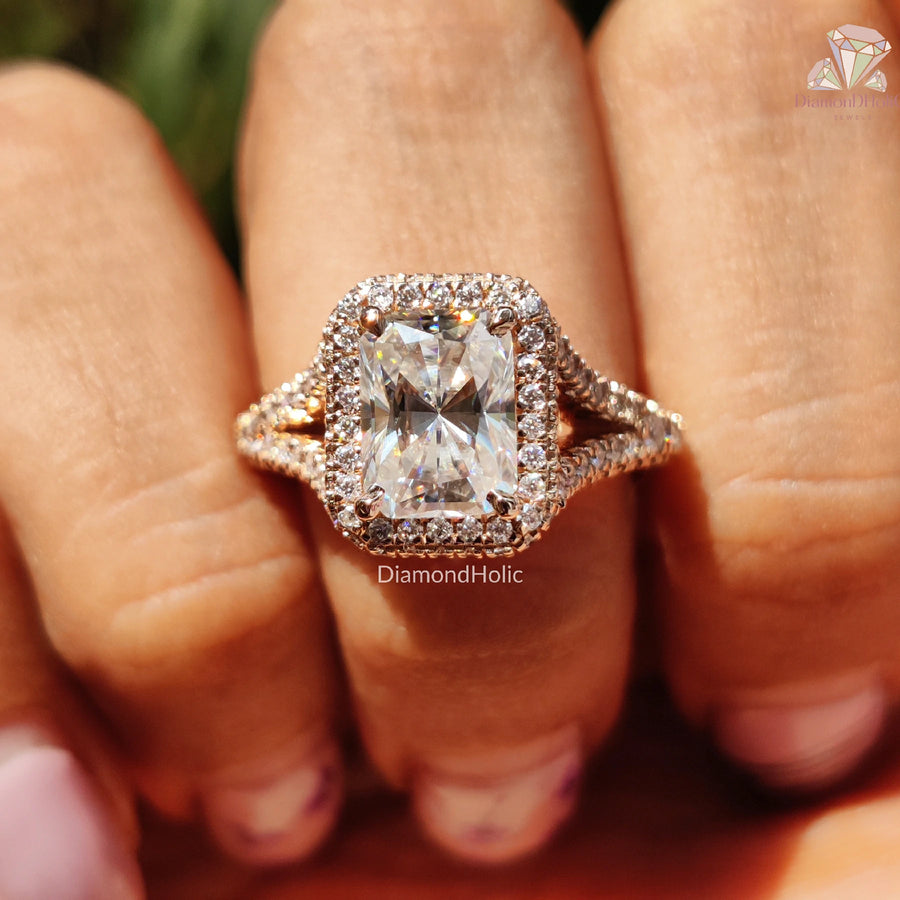 cathedral setting ring | pave moissanite band | radiant cut bridal ring
