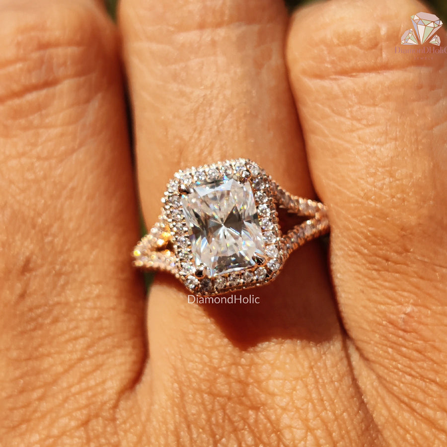 halo cathedral ring | rose gold diamond ring | VVS moissanite jewelry
