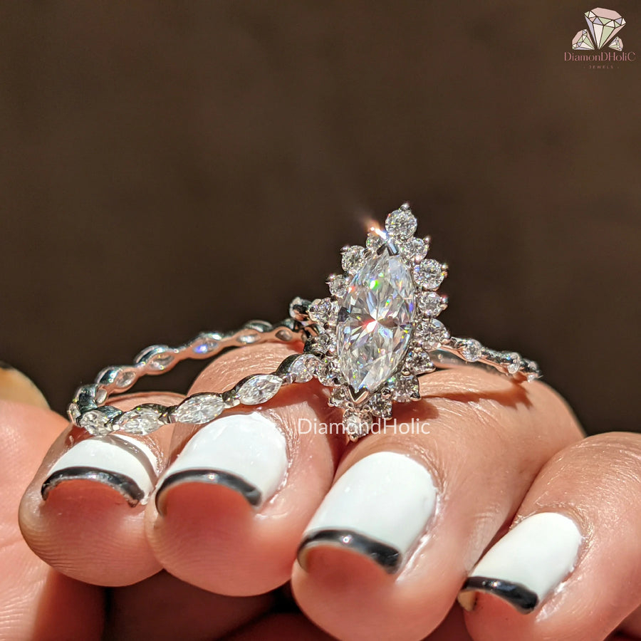 white gold engagement ring | bridal moissanite set | two piece ring set
