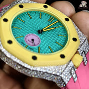 Men’s Iced Out Moissanite Watch Round Face with Two-Men’s Diamond Iced-Out Luxury Watch, Turquoise Textured Dial, Yellow Bezel, Pink Rubber Strap, Custom Hip Hop Statement WatchSteel Design