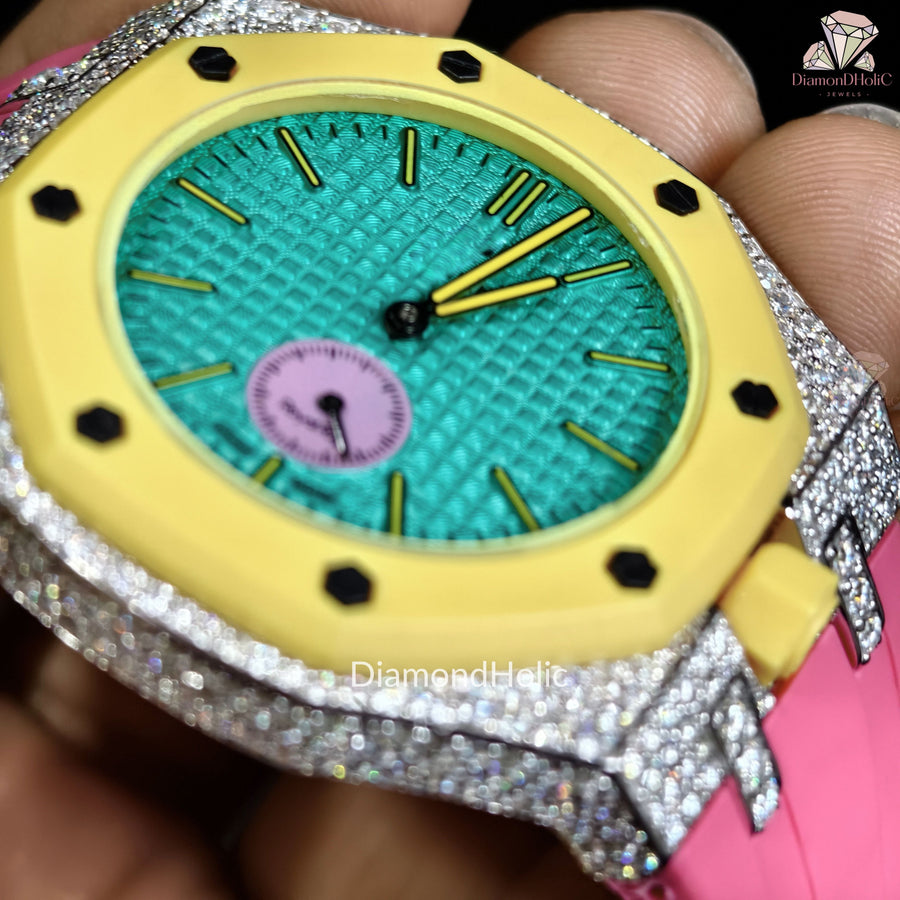 Men’s Iced Out Moissanite Watch Round Face with Two-Men’s Diamond Iced-Out Luxury Watch, Turquoise Textured Dial, Yellow Bezel, Pink Rubber Strap, Custom Hip Hop Statement WatchSteel Design