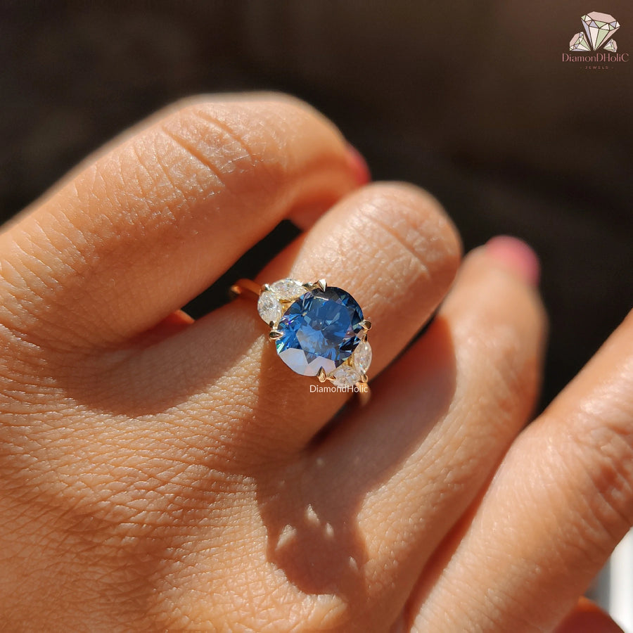 Royal Blue Oval Cut Moissanite Five Stone-Vintage Engagement Ring