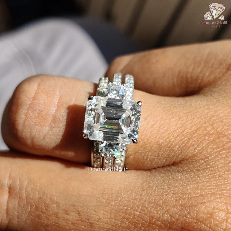 Emerald Cut Diamond Ring Set | Chic Moissanite Wedding Set | Classic Three Stone Band Design 