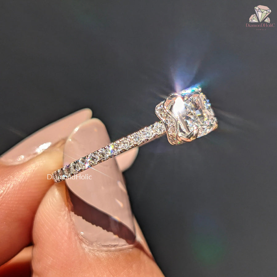 Cushion Cut Lab Grown Diamond Hidden Halo Engagement Ring