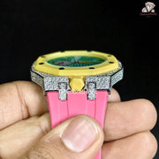 Men’s Iced Out Moissanite Watch Round Face with Two-Men’s Diamond Iced-Out Luxury Watch, Turquoise Textured Dial, Yellow Bezel, Pink Rubber Strap, Custom Hip Hop Statement WatchSteel Design