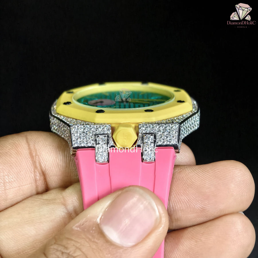 Men’s Iced Out Moissanite Watch Round Face with Two-Men’s Diamond Iced-Out Luxury Watch, Turquoise Textured Dial, Yellow Bezel, Pink Rubber Strap, Custom Hip Hop Statement WatchSteel Design