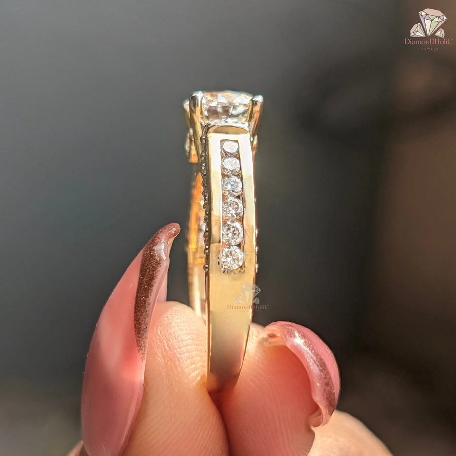 Round Cut Lab Grown Diamond Channel Setting Pave Engagement Ring