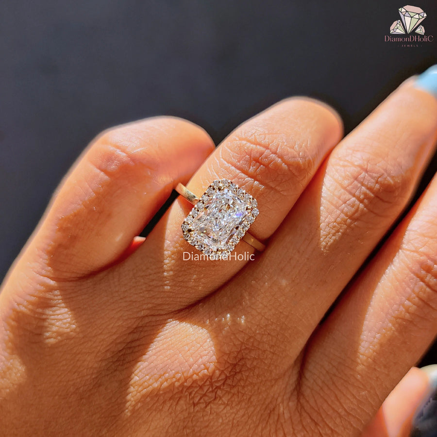 radiant cut lab ring | bridal set with halo | dainty diamond wedding ring
