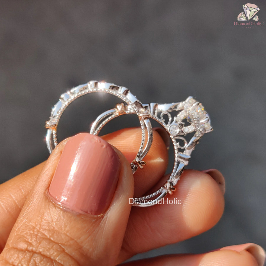 Stylish Round Cut Wedding Gift | Stunning Vintage Inspired Engagement Set | Unique Round Cut Diamond Gift 