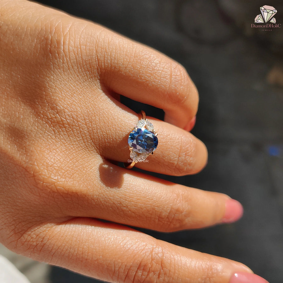 Royal Blue Oval Cut Moissanite Five Stone-Vintage Engagement Ring