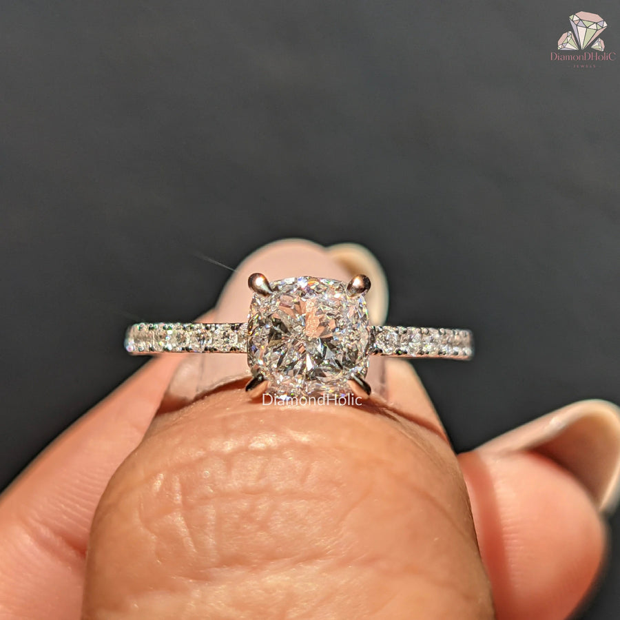 Cushion Cut Lab Grown Diamond Hidden Halo Engagement Ring